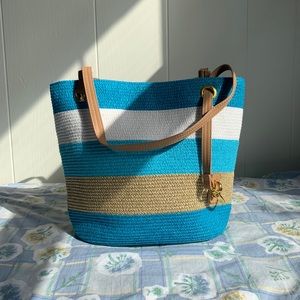 Blue and White Straw Shoulder Bag